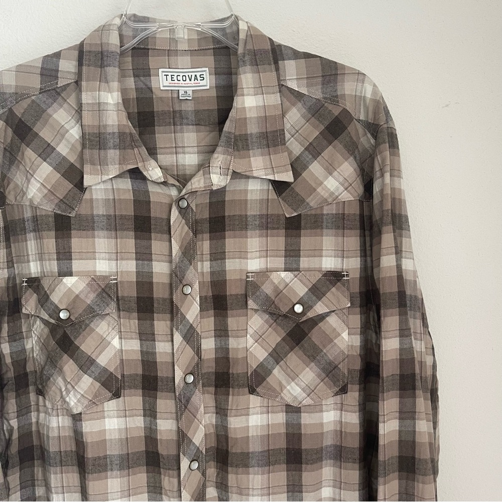 Tecovas Plaid Snap-Front Western Shirt in Brown and Cream